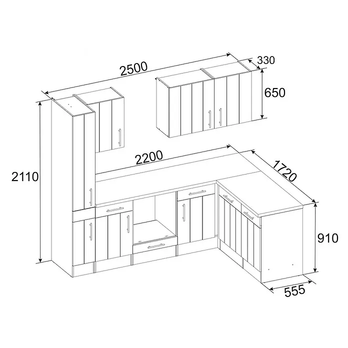 Respekta Premium Cocina esquinera Anton - An x Pr: 250 x 172 cm, Blanco, Con electrodomésticos - Ilustración de una unidad de cocina con dimensiones, que comprende armarios superiores e inferiores en un diseño moderno.