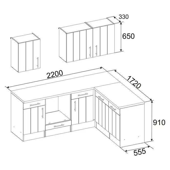Respekta Premium Cocina esquinera Anton - An x Pr: 220 x 172 cm, Blanco, Con electrodomésticos - Diseño de muebles de cocina con dimensiones detalladas para armarios superiores e inferiores, presentado en un dibujo técnico.