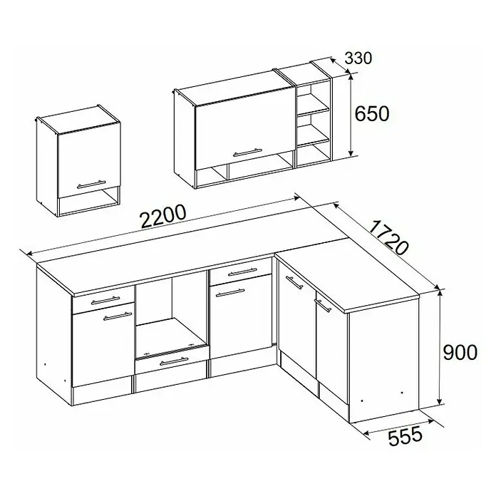 Respekta Küchenleerblock Hilde - Breite: 220 cm, Weiß, Matt, Holzoptik, Ohne Elektrogeräte - Küchenlayout mit detaillierten Maßen für Ober- und Unterschränke.