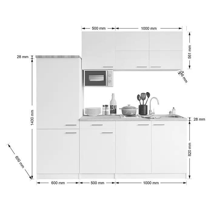Respekta Küchenzeile Economy - Breite: 210 cm, Grau, Mit Elektrogeräten - Eine moderne, weiße Küchenzeile mit Ober- und Unterschränken, Spüle, Mikrowelle und Kühlschrank mit Maßangaben für die Planung.