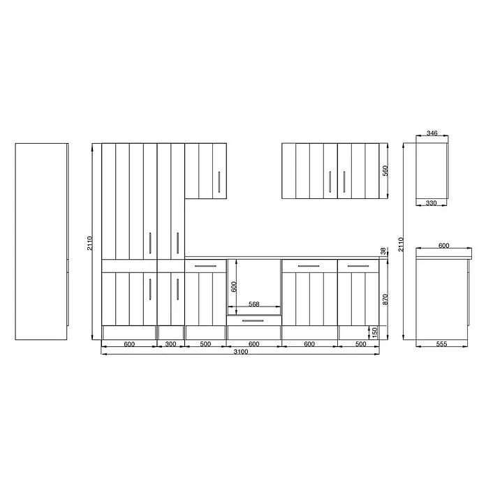 Respekta Premium Composición de cocina Anton - Ancho: 310 cm, Blanco, Con electrodomésticos - Un boceto detallado de una unidad de cocina con armarios, cajones y dimensiones asociadas para la planificación.