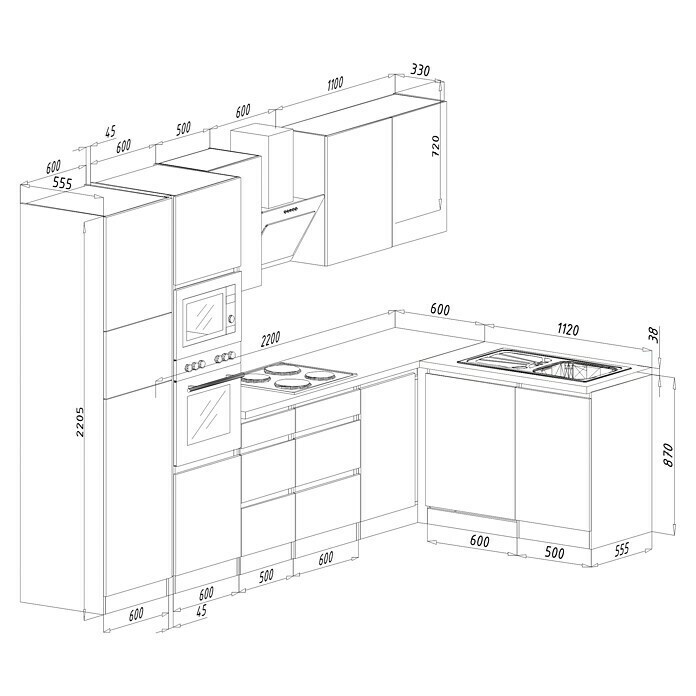 Respekta Premium Winkelküche GLRPL345HWWGKE345 x 172 cm, Mit Elektrogeräten, Weiß Hochglanz Sketch