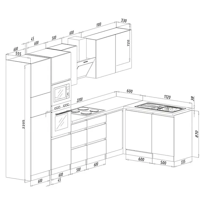 Respekta Premium Winkelküche Lorena - Breite: 345 cm, Weiß, Hochglänzend, Steinoptik, Mit Elektrogeräten - Eine detaillierte Schemazeichnung einer modernen Küche mit Maßen für Planung und Design.