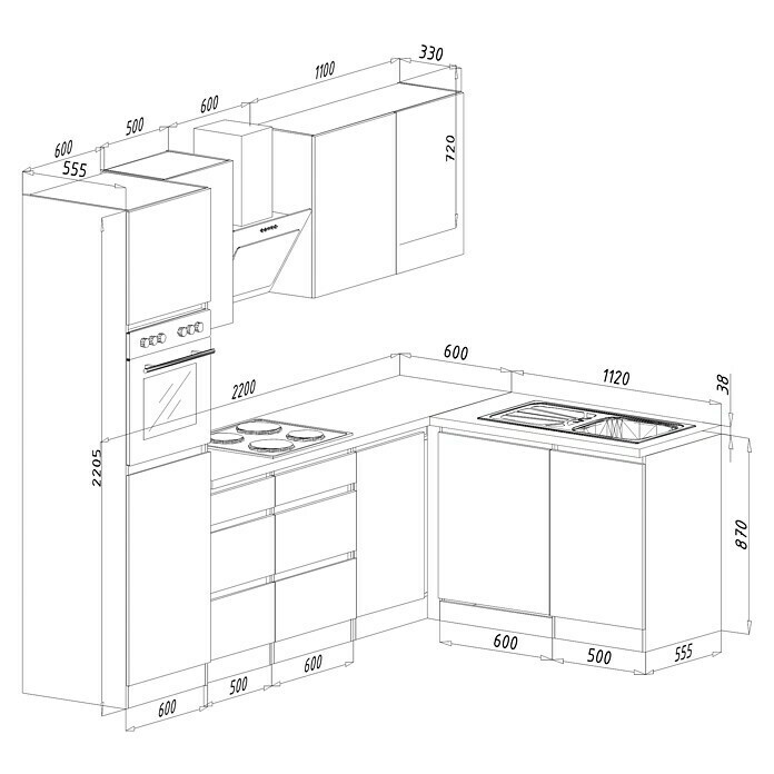 Respekta Premium Winkelküche GLRPL280HWW280 x 172 cm, Mit Elektrogeräten, Weiß Hochglanz Sketch