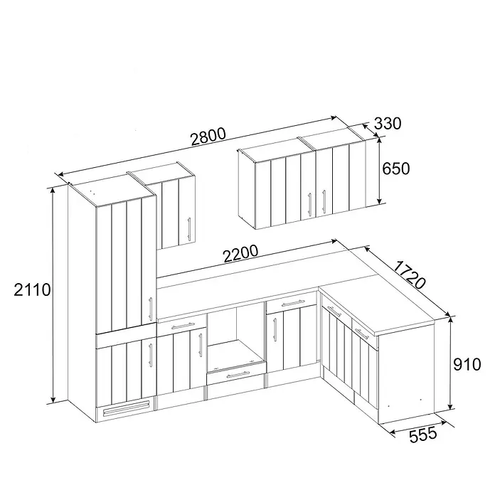 Respekta Premium Cocina esquinera Anton - An x Pr: 280 x 172 cm, Blanco, Con electrodomésticos - Diagrama de distribución de cocina con dimensiones, que ilustra la disposición y las medidas exactas de armarios y encimeras.