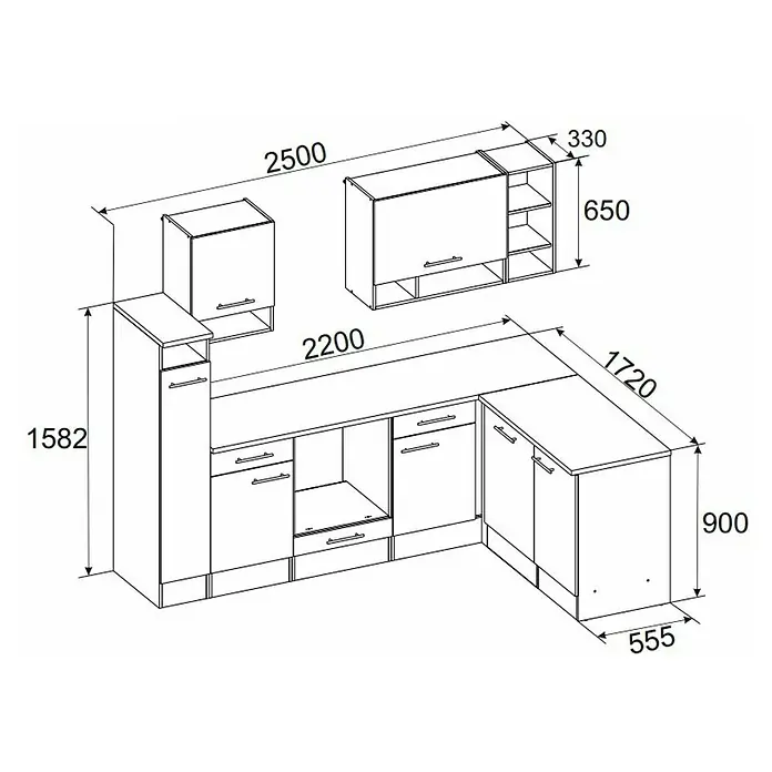 Respekta Küchenleerblock Hilde - Breite: 250 cm, Weiß, Matt, Holzoptik, Ohne Elektrogeräte - Abbildung einer Küchenzeile mit detaillierten Maßangaben, die das Design und die Abmessungen der Küchenmöbel verdeutlichen.