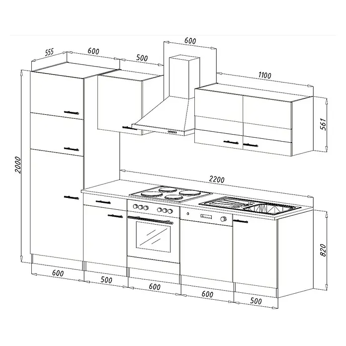 Respekta Küchenzeile Merle Typ 2 - Breite: 280 cm, Schwarz, Mit Elektrogeräten, Volumen Backofen: 72 l - Skizze einer Küchenzeile mit Maßen, einschließlich Schränke, Dunstabzugshaube, Kochfeld und Spüle für eine detaillierte Küchenplanung.