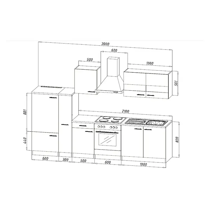 Respekta Küchenzeile Malia - Breite: 300 cm, Weiß, Mit Elektrogeräten, Dekor Arbeitsplatte: Holzoptik, Volumen Backofen: 72 l - Eine schematische Darstellung einer Küchenzeile mit Maßen, die die Anordnung und Größe der einzelnen Elemente zeigt.