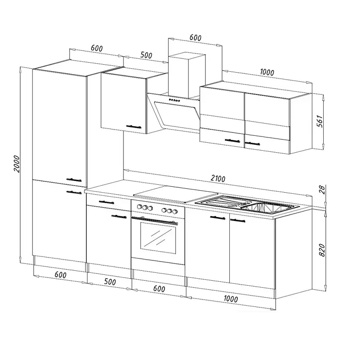 Respekta Küchenzeile Malia - Breite: 270 cm, Grau, Dekor Arbeitsplatte: Betonoptik, Mit Elektrogeräten, Volumen Backofen: 72 l - Abbildung einer modernen Küche mit Maßen, die die Anordnung von Schränken, Geräten und Arbeitsflächen zeigen.