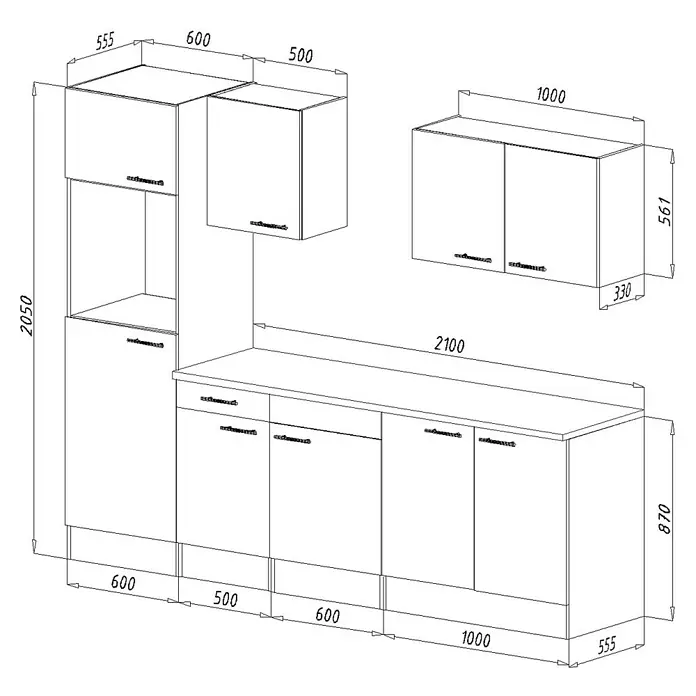 Respekta Küchenzeile Oliver - Breite: 270 cm, Grau, Mit Elektrogeräten - Küchenmöbel-Set mit Hänge- und Unterschränken, Schubladen und Arbeitsplatte. Die Möbel sind in einem modernen, minimalistischen Stil gehalten.