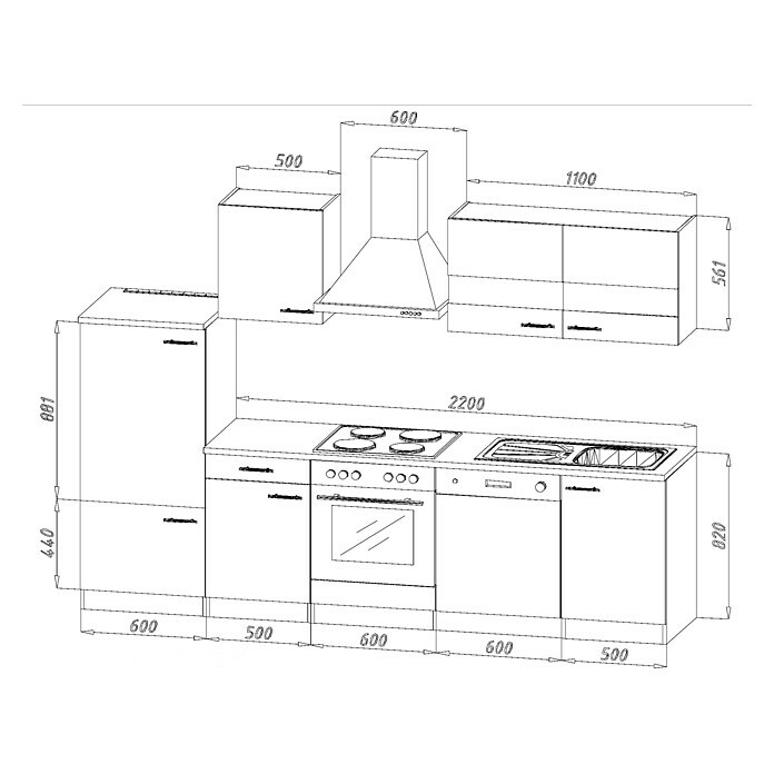 Respekta Küchenzeile KB280ESGCBreite: 280 cm, Mit Elektrogeräten, Grau Sketch