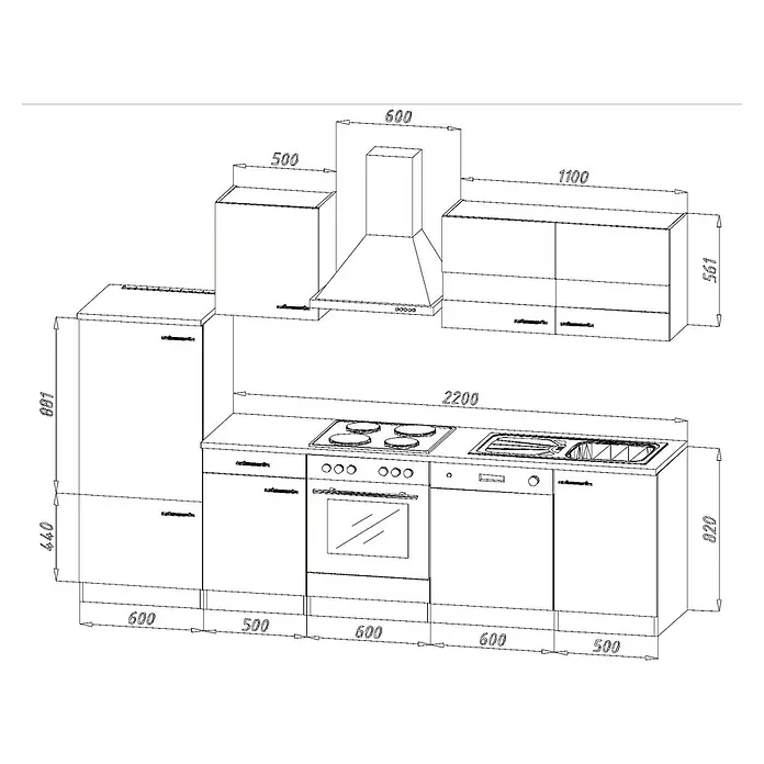 Respekta Küchenzeile Malia - Breite: 280 cm, Schwarz, Mit Elektrogeräten, Dekor Arbeitsplatte: Holzoptik, Volumen Backofen: 58 l - Eine Küchenzeile mit Spüle, Herd und Dunstabzugshaube mit diversen Stauraummöglichkeiten. Die Maße sind gut sichtbar dargestellt.