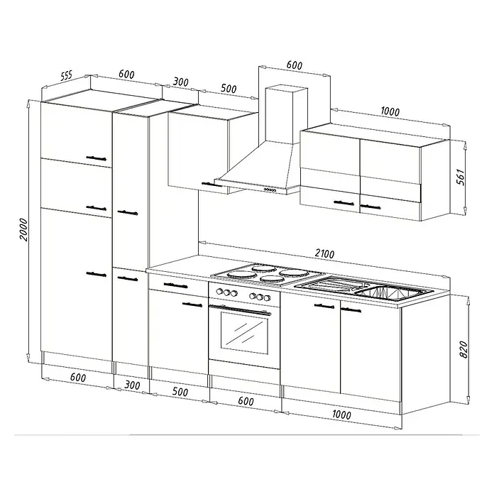 Respekta Küchenzeile Merle Typ 2 - Breite: 300 cm, Weiß, Mit Elektrogeräten, Volumen Backofen: 72 l - Abbildung einer Küchenzeile mit Maßen, die verschiedene Schränke, einen Herd, eine Spüle und eine Dunstabzugshaube umfasst.