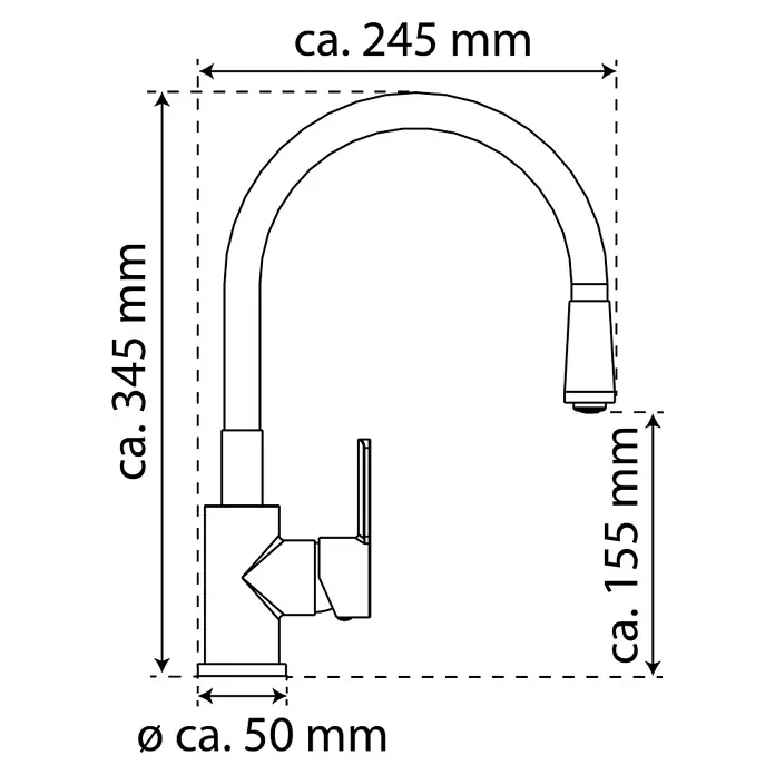 Camargue Spültischarmatur Flexo - Pink/Chrom, Glänzend - Technische Zeichnung einer Küchenarmatur mit den Maßen ca. 245 mm Breite, ca. 345 mm Höhe und einem Durchmesser von ca. 50 mm.