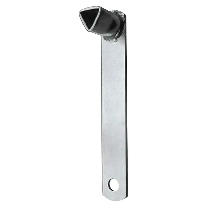 Stabilit Dreikantschlüssel - Dornmaß: 17 mm - Das Bild zeigt einen glänzenden, silberfarbenen Metallwinkel mit einem dreieckigen Aufsatz und einem Loch am unteren Ende.
