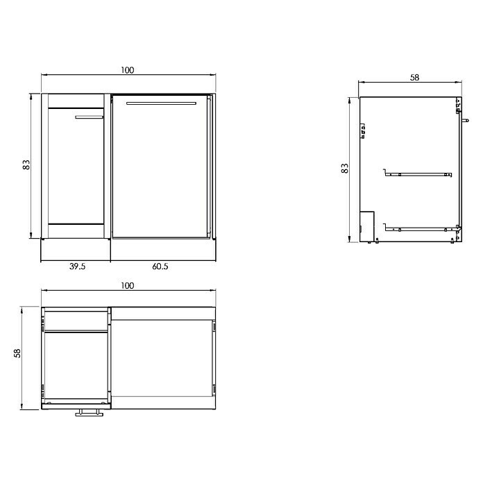 Respekta Miniküche MMK100WG100 x 88 cm, Metall, Mit Edelstahlkochfeld, Grau Sketch