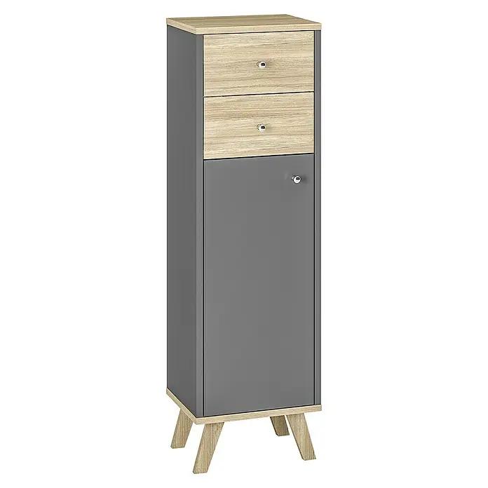 Astor Midischrank - 31 x 33 x 110,5 cm, Anthrazit/Eiche Hell, 2 Schubkästen - Dieser Hochschrank besticht durch sein modernes Design mit zwei Schubladen und einer Tür in Grau und Holzoptik. Ideal für zusätzliche Aufbewahrung.