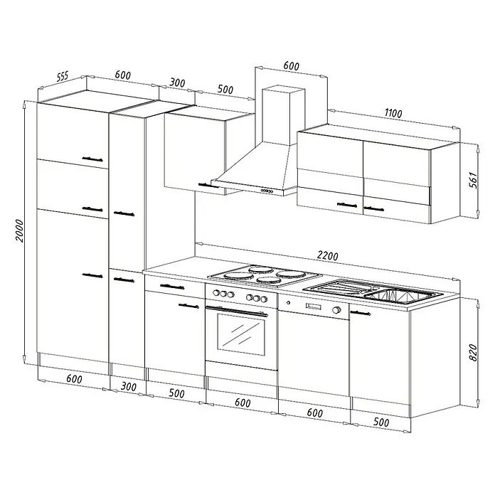 Respekta Küchenzeile Merle Typ 2 - Breite: 310 cm, Rot, Mit Elektrogeräten, Volumen Backofen: 72 l - Eine detaillierte Skizze einer Küchenzeile mit verschiedenen Schränken, einer Spüle und einem Herd, inklusive aller Größenangaben.
