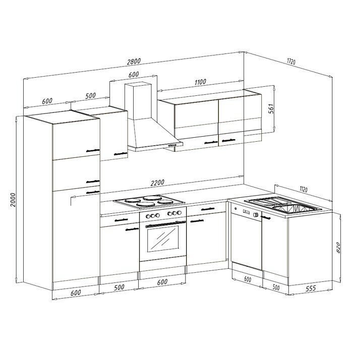 Respekta Winkelküche KBL280ESSSC172 x 280 cm, Schwarz Sketch