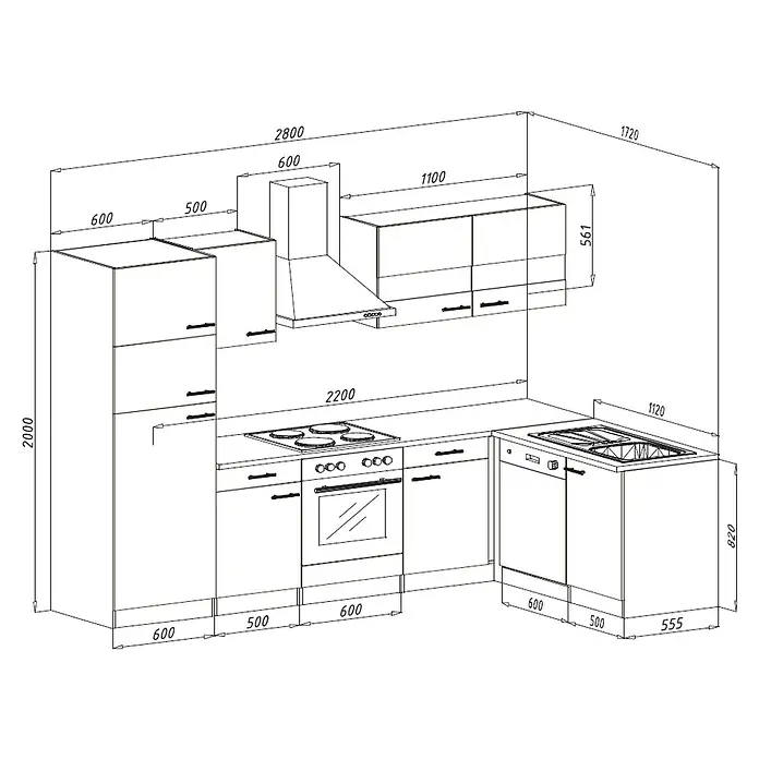 Respekta Winkelküche Merle - B x T: 280 x 172 cm, Rot, Mit Elektrogeräten, Volumen Backofen: 60 l - Schema einer Küchenzeile mit Maßen, inklusive Schränke, Spüle, Herd und Dunstabzugshaube, dargestellt in einer technischen Zeichnung.