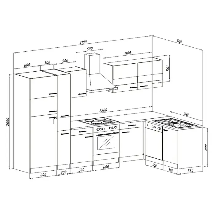 Respekta Winkelküche Merle - B x T: 310 x 172 cm, Weiß, Mit Elektrogeräten, Volumen Backofen: 60 l - Eine detaillierte technische Zeichnung einer Küchenzeile mit verschiedenen Schränken, Geräten und Bemaßungen für die Planung.