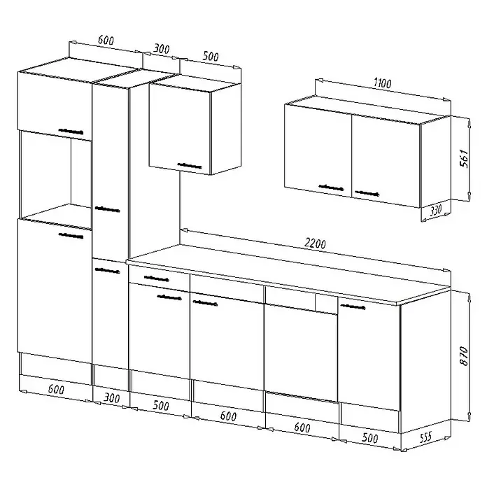 Respekta Küchenleerblock Oliver - Breite: 310 cm, Schwarz, Ohne Elektrogeräte - Eine Küchenzeile mit Ober- und Unterschränken, inklusive detaillierter Maßangaben für Planung und Montage.