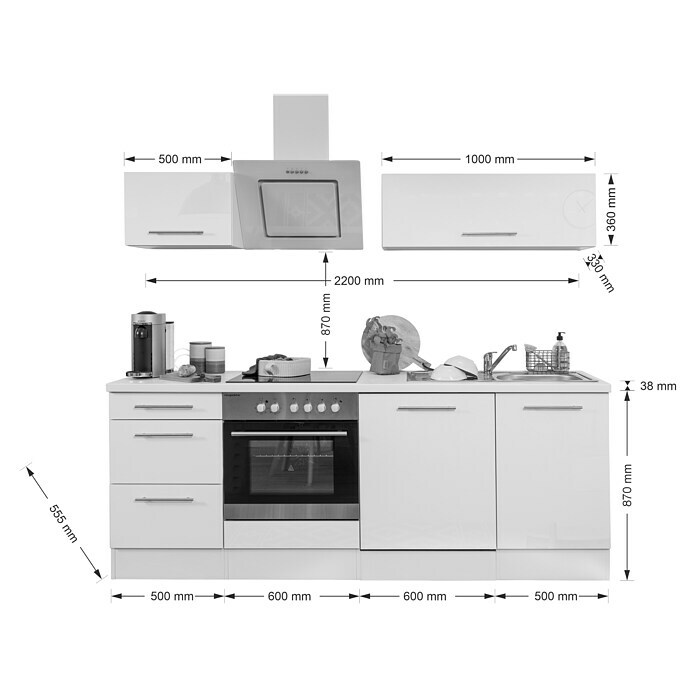 Respekta Premium Küchenzeile RP220WSCBO (Breite: 220 cm, Mit Elektrogeräten, Schwarz Hochglanz)