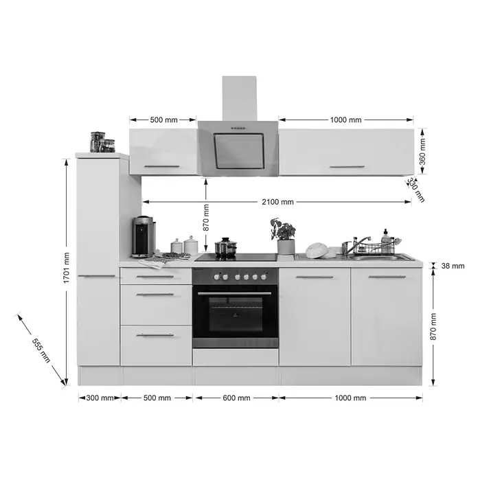 Respekta Premium Küchenzeile RP240EWCBO - Breite: 240 cm, Weiß, Mit Elektrogeräten - Ansicht einer Küche mit allen Maßangaben der einzelnen Elemente, z.B. Schränke, Arbeitsplatte und Dunstabzugshaube.