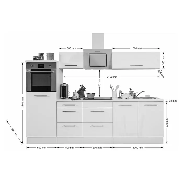 Respekta Premium Küchenzeile RP270HWSBO - Breite: 270 cm, Schwarz, Mit Elektrogeräten - Eine moderne, weisse Küche mit eingebautem Ofen, Dunstabzugshaube und viel Stauraum, dargestellt mit genauen Massangaben.