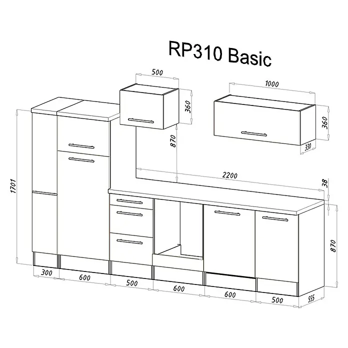 Respekta Premium Küchenzeile RP310EWCBO - Breite: 310 cm, Weiß, Mit Elektrogeräten - Eine detaillierte Schemazeichnung einer RP310 Basic Küche mit Maßen für Planung und Design, ideal zur Küchengestaltung.