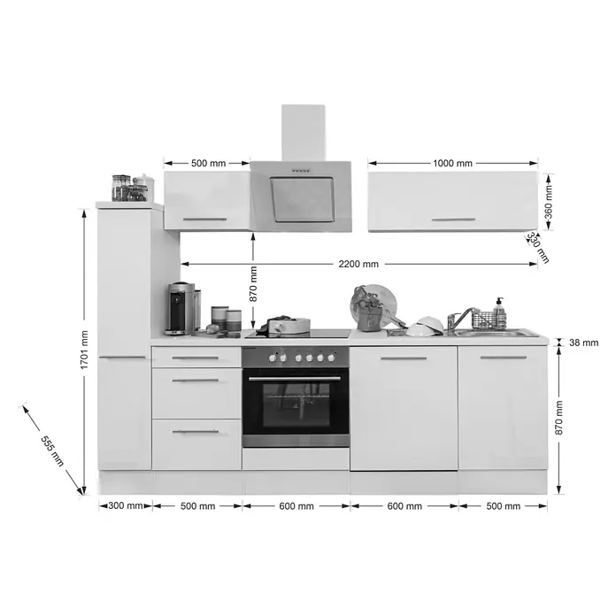 Respekta Premium Küchenzeile RP250EWCBO - Breite: 250 cm, Weiß, Mit Elektrogeräten - Eine moderne, weisse Einbauküche mit verschiedenen Schränken, Schubladen, Elektrogeräten und genauen Maßangaben für die Planung.
