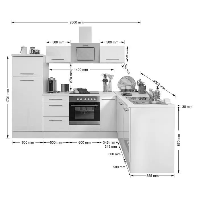 Respekta Premium Winkelküche RP260EWCBO - B x T: 260 x 60 cm, Weiß, Mit Elektrogeräten - Abbildung einer weißen Küche mit detaillierten Maßangaben zu den einzelnen Elementen wie Schränken, Arbeitsplatte und Spüle.