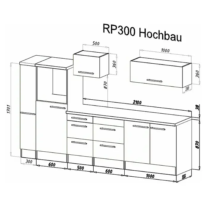 Respekta Premium Küchenzeile RP300HWSBO - Breite: 300 cm, Schwarz, Mit Elektrogeräten - Skizze einer Küchenzeile RP300 Hochbau mit Maßen, die verschiedene Schränke und Schubladen zeigt.