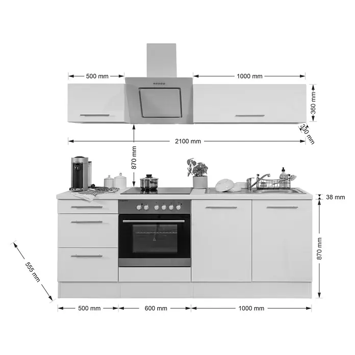 Respekta Premium Küchenzeile RP210WSCBO - Breite: 210 cm, Schwarz, Mit Elektrogeräten - Eine Küchenzeile mit weißen Schränken, Dunstabzugshaube und integrierten Geräten, die die Funktionalität und das moderne Design hervorheben.