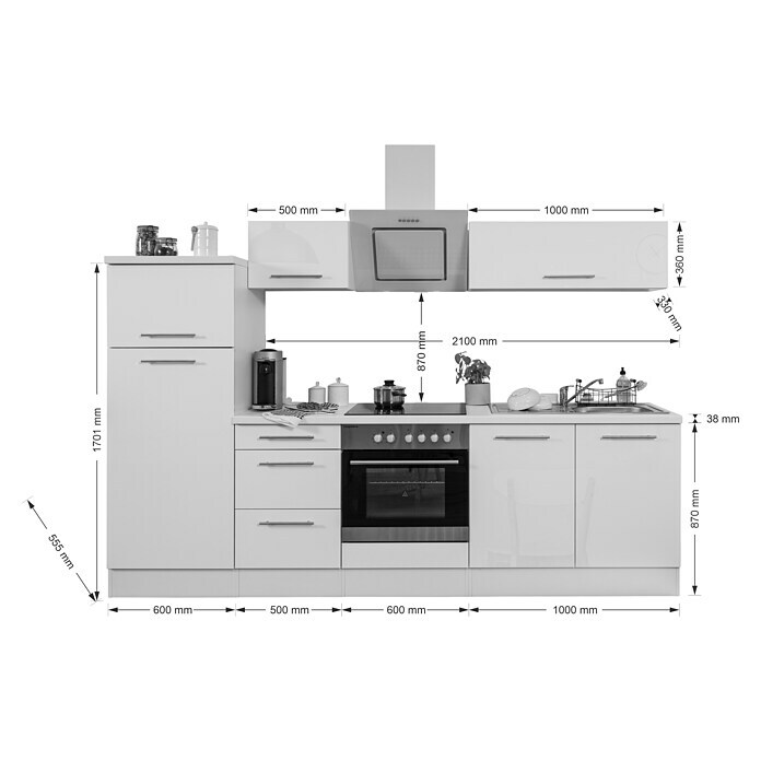 Respekta Premium Küchenzeile RP270WSCBO (Breite: 270 cm, Mit Elektrogeräten, Schwarz Hochglanz)