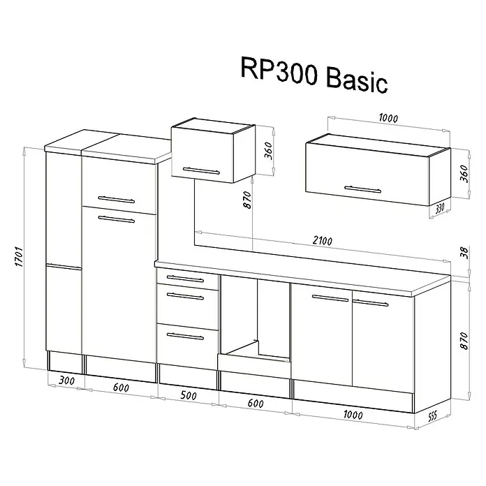 Respekta Premium Küchenzeile RP300ESCBO - Breite: 300 cm, Schwarz, Mit Elektrogeräten - Eine schematische Darstellung einer RP300 Basic Küche mit allen Maßen.
