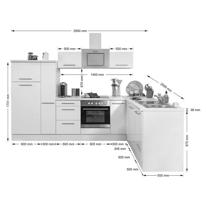 Respekta Premium Winkelküche RP290WWCBO - B x T: 290 x 200 cm, Weiß, Mit Elektrogeräten - Abbildung einer Küchenzeile mit genauen Maßangaben, die die Planung und den Einbau erleichtern. Ideal für Küchenrenovierungen und Neubauten.