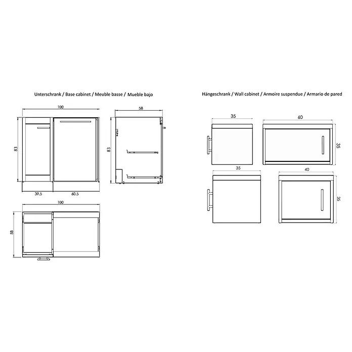 Respekta Miniküche Levin - Breite: 100 cm, Grau, Mit Duo-Kochmulde, Mit Oberschrank - Darstellung von Unterschränken & Wandschränken mit Maßangaben für Planung & Design.
