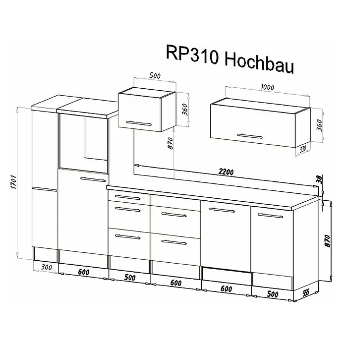 Respekta Premium Küchenzeile RP310HEWBO - Breite: 310 cm, Weiß, Mit Elektrogeräten - Abbildung einer detaillierten Küchenplanung namens RP310 Hochbau mit genauen Maßangaben für die einzelnen Elemente.