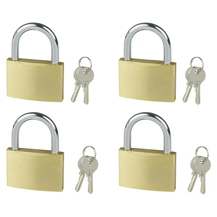 Alpha Tools Vorhängeschloss-Set - 4 Stk., Breite: 38 mm, Stahl - Vier Messingschlösser mit Schlüsseln, ideal für die Sicherheit von Wertsachen und die Sicherung verschiedener Gegenstände.
