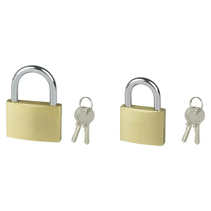 Alpha Tools Vorhängeschloss-Set - 2 Stk., Stahl - Zwei goldfarbene Vorhängeschlösser mit silberfarbenen Bügeln und dazugehörigen Schlüsseln auf schwarzem Hintergrund.