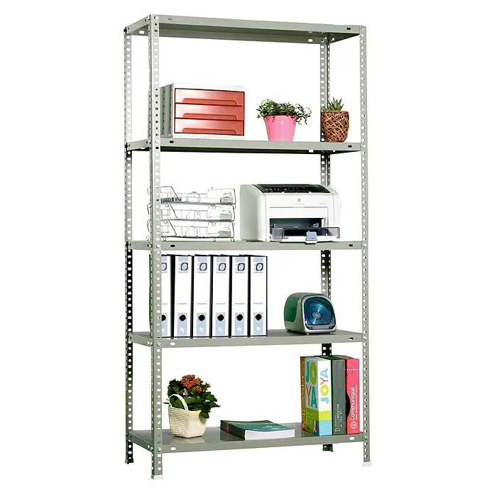 Simonrack Simonclassic Estantería metálica Comfort Mini - Al x An x Pr: 180 x 80 x 40 cm, Capacidad de carga por balda: 100 kg, Número de baldas: 5 ud., Atornillado, Gris - Estantería gris con material de oficina, plantas y carpetas. Almacenamiento práctico para elementos esenciales de oficina y decoración.