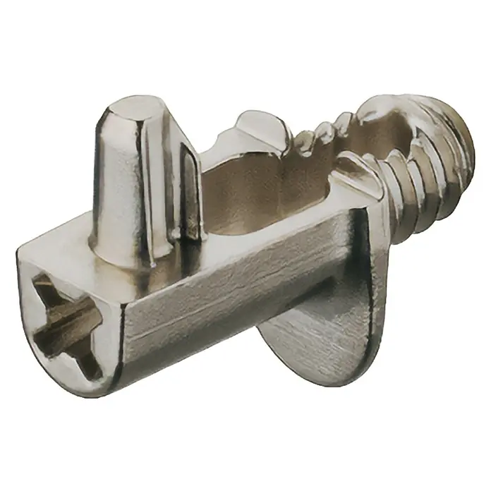 Suki Soporte para estantes - An x Al: 9 x 6,5 mm - Detalle de un conector de muebles con tornillo y pasador para montaje seguro.