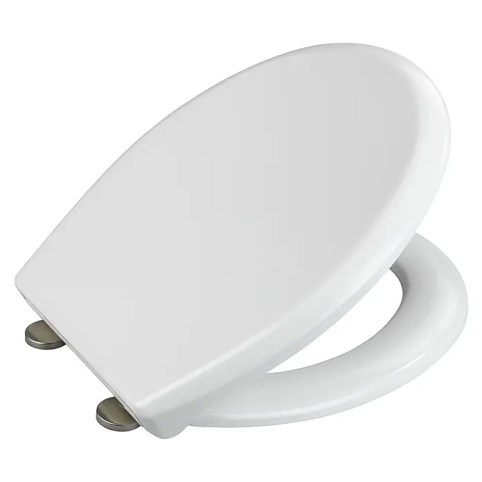 Camargue WC-Sitz Modena - Duroplast, Weiß, Mit Absenkautomatik - Nahaufnahme eines weißen WC-Sitzes mit Deckel, der in einem Badezimmer installiert werden kann.