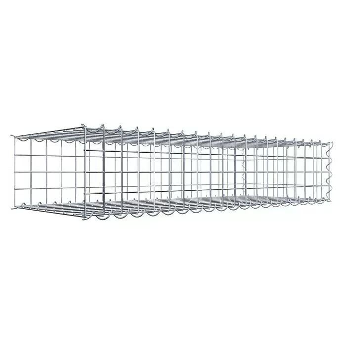 Gabiona Gabione Typ 2 - Zum Anbau in der Länge, 100 x 40 x 20 cm, Stahl, Maschenbreite: 50 mm, Maschenhöhe: 50 mm, Spirale - Lange rechteckige silberne Metallgitterstruktur.