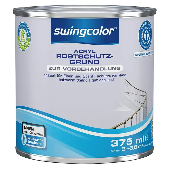 swingcolor Rostschutzgrund Acryl - Grau, 375 ml - Dose Swingcolor Acryl Rostschutz-Grund für Eisen und Stahl, schützt vor Rost, haftvermittelnd, gut deckend, 375 ml für ca. 3–3,5 m².