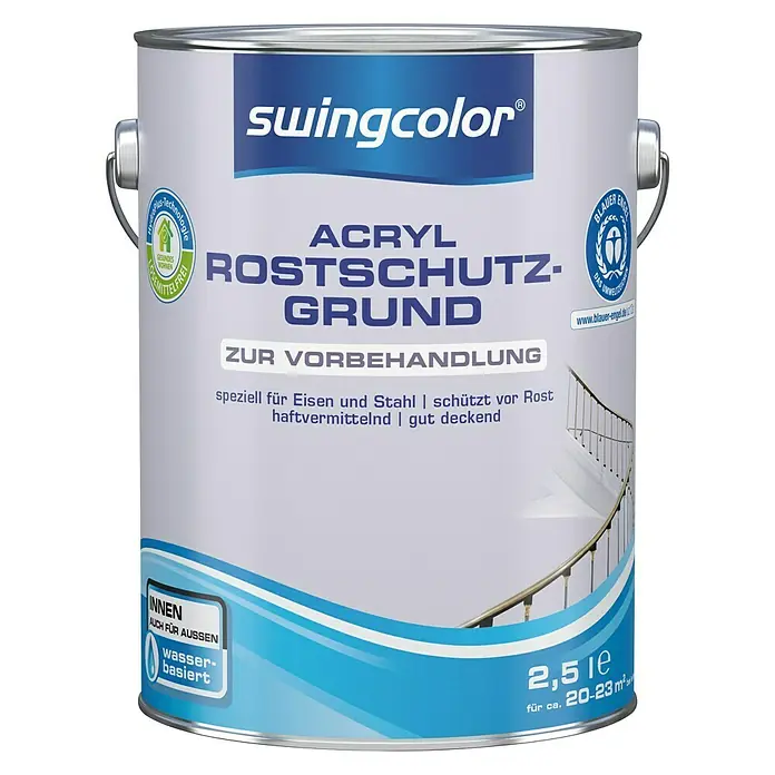 swingcolor Rostschutzgrund Acryl - Grau, 2,5 l - Dose Swingcolor Acryl Rostschutz-Grund, ideal für Eisen und Stahl, schützt vor Rost, haftvermittelnd und gut deckend. Für Innen- und Außenbereich.