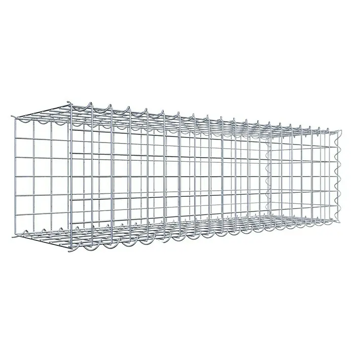 Gabiona Gabione Typ 2 - Zum Anbau in der Länge, 100 x 30 x 30 cm, Stahl, Maschenbreite: 50 mm, Maschenhöhe: 50 mm, Spirale - Ein langer, leerer Gabionenkorb aus verzinktem Drahtgeflecht, der bereit für die Befüllung mit Steinen oder anderen Materialien ist.