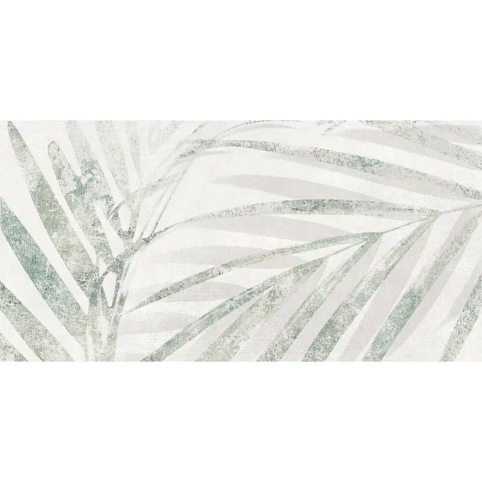 Domicil Wandfliese Living Concrete Goldfruit - 30 x 60 cm, Hellgrün/Weiß, Matt - Abstrakte Darstellung von Palmblättern in sanften Grau- und Weißtönen, die eine ruhige und elegante Atmosphäre vermitteln.