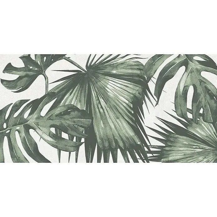 Domicil Wandfliese Living Concrete Jungledrum - 30 x 60 cm, Grün/Weiß, Matt - Nahaufnahme eines stilvollen Blätterdesigns. Perfekt, um Ihren Raum mit botanischer Eleganz zu beleben.